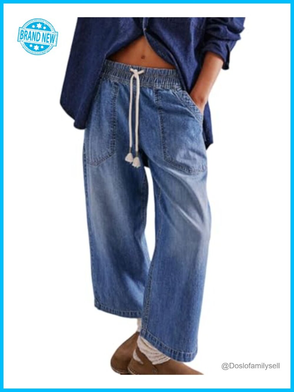 loveimgs Women Baggy Boyfriend Jeans Elastic Low Rise Wide Leg Cropped Denim